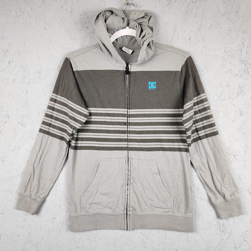Vintage DC Shoes Hoodie Youth Medium 10 12 Gray Zip Striped Logo Skateboarding